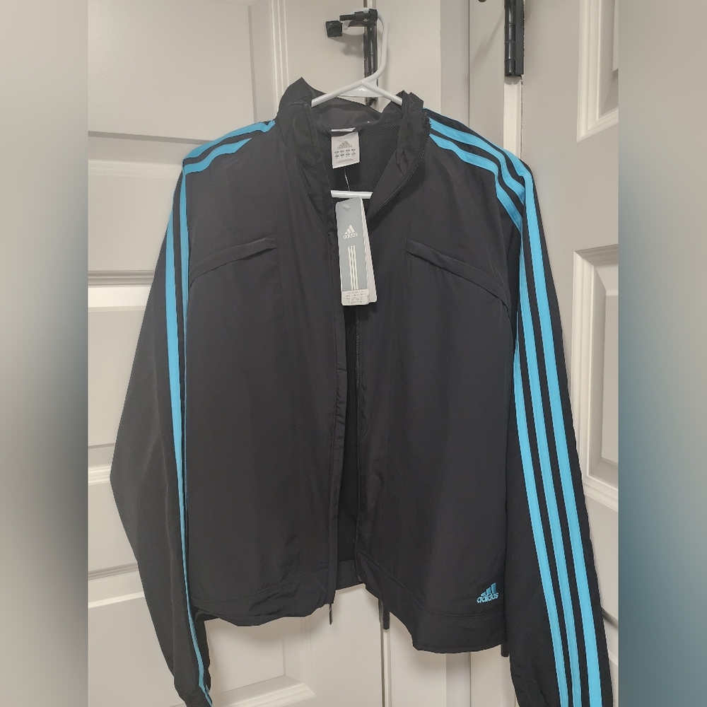 Adidas Black Track Jacket and Pants with Aqua Stripes
